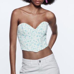 Zara Strapless White Corset Bustier Crop Top with Blue Floral Print